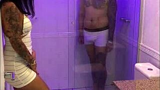 In the bathroom, the latina brunette babe with tattoos dominated him orally, leading to an intense orgasm and creampie