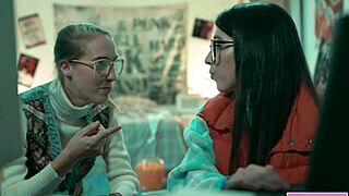 busty babe hangs out with two teen lesbians