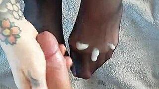 oily handjob leads to hot creampie on nylon toes. milf and teen action with monster cock.
