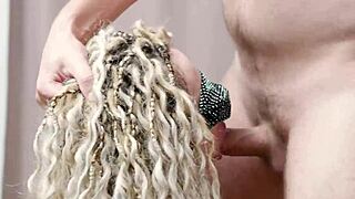 busty blonde gives footjob then orgasms in doggystyle