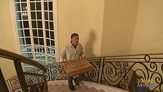 blonde pays for pizza with her tight body