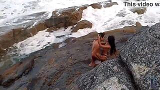 Brazilian milf girlfriend with monster cock on beach