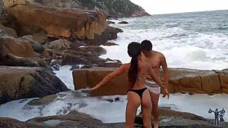 Brazilian milf girlfriend with monster cock on beach