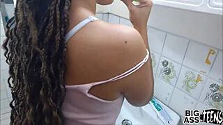 Stepsister surprised and fucked rough in bathroom shower