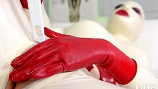 Latex bondage mommy gets stuffed in the riding crop, then spanked and toyed in her creamy pussy
