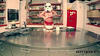 Stormtrooper cosplayer masturbates and squirts in the kitchen