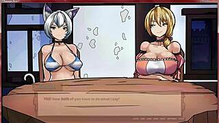 In a hentai game, lesbian brunettes and blondes are seen in steamy kissing and eye licking!