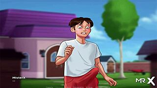 in summertimesaga, a big cucumber fucks a mature woman in the kitchen with blowjob and uncensored hentai action. the scene builds to intense fucking.