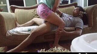 Amateur foot massage ends in mature woman pleasuring him with her wet pussy and big tits