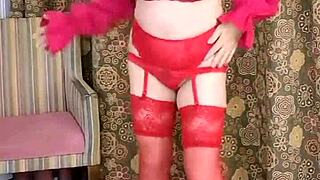 Hot busty MILF Mariaold teases in red stockings and high heels