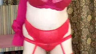 Hot busty MILF Mariaold teases in red stockings and high heels