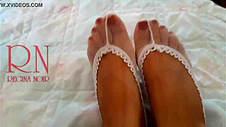 White Socks Cute Chick Lies On Bed Smiles Gracefully Bends