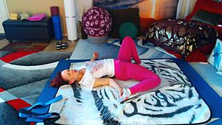 Daily hip mobility stretching for freedom with barefoot redhead milf in yoga session.