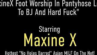 Scott Rhodes, lucky sex slave, deepthroats and fucks Maxine X's huge tits and curvy ass.