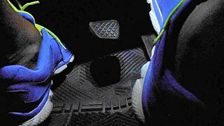 Driver touches gas pedal with bare toes in specific moment.