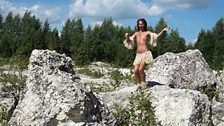 Mature woman dances topless in the white stone quarry!