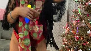 Mature Latina Anna Maria in festive red lingerie