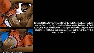 Comic fantasy in which young man satisfies his sexual desires with step mom, and curvy friends