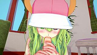 The explicit Hentai scene has Lucoa, the dragon maid, riding on a big shaft