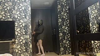 In a steamy encounter, a busty MILFy mom covers her plump figure with cum on a brown fur lined puffer jacket
