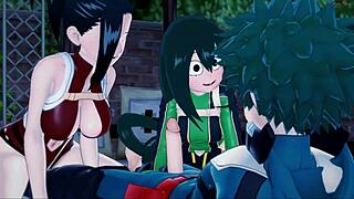 In a mature Hentai video, Deku goes steamy with Momo and Tsuyu