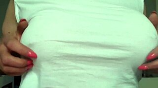 Look at me, busty milf, soaking my t-shirt braless and climaxing with pierced nipples!