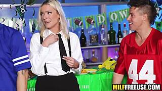 Hot blonde chats with football fans casually