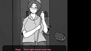 In a public restroom a mature janitor instructs a bashful lad in the art of lovemaking