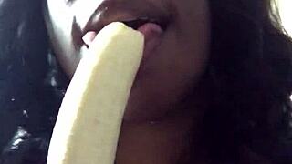 Ebony Woman Deepthroats Banana with Gagging and Choking