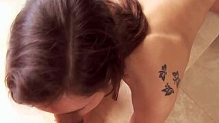 Sweet darling appreciates guy's shaft with wet blowjob