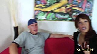 Busty ebony MILF Kumalott seduces and pleases her pretty little male babysitter