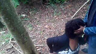 naughty couple fucks outdoors in the woods interracial