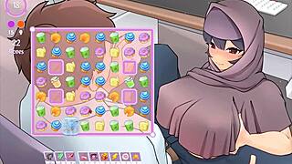 Tsundere milf in hentai game gives titjob under the desk