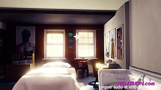 milf 3d hentai with short hair green shirt big chest shorts and thong in bedroom.