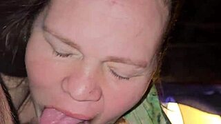 A mature woman gives a deep throat job and breast play