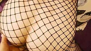This is a POV video of a mature woman in stockings getting fucked by a big cock in every hole