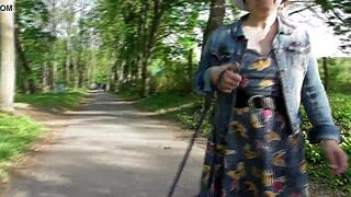 hairy mature flashes in transparent dress at public park