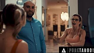 Petite cheerleader helps MILF satisfy pervert husband in threesome