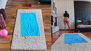 Special sex adventure with two cameras: naughty naked workout with a mature woman and her big ass