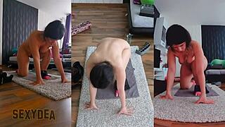 Flexible goddess in triple cam view naked yoga session