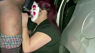 A white girl with chubby cheeks gets a rough sexual experience while dressed as a clown