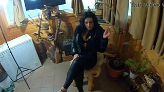 Hot milf's cum stains on black leather pants and boots