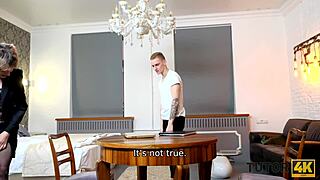 Old woman on her knees for a hot stud's pleasure