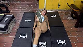 Big tits blonde gets a gym workout while naked