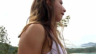 Steamy blowjob action on a camping trip with a brunette babe