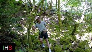 A threesome with a tattooed mature woman and a blonde girl in the woods