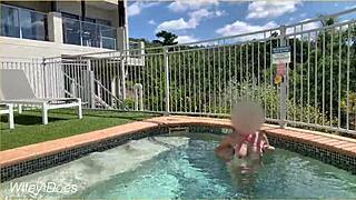 Married woman shows her big cans at the hotel pool