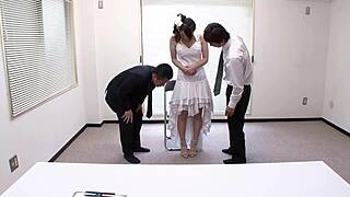 Married Japanese teen gets double penetration in threesome