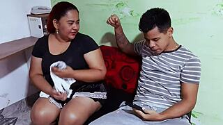 A fat mature woman seduces her stepson with her boobs