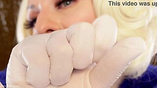 Nurse fits dark lipstick, caresses with gloves passionately